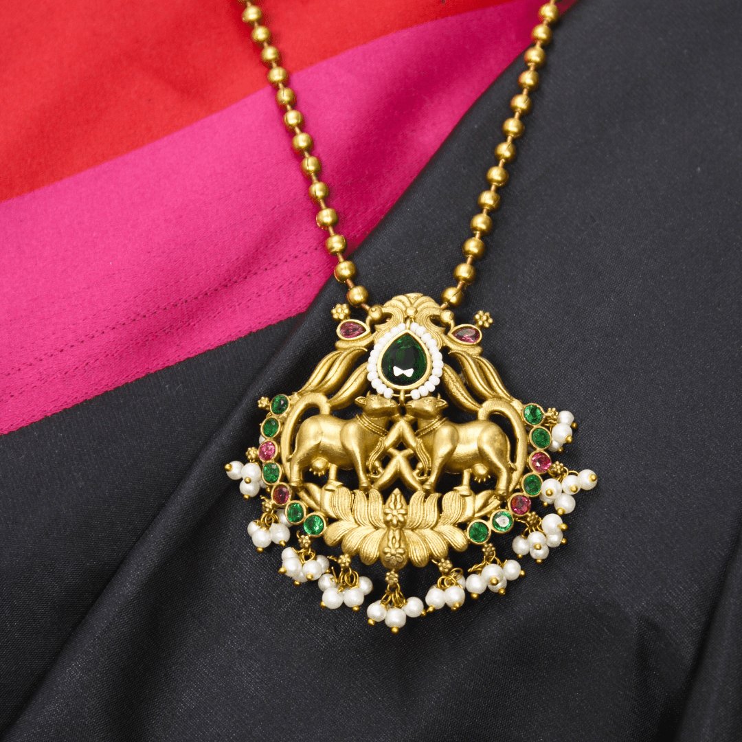 Traditional Multicolour Temple Nandi Pendant Set with matching earrings