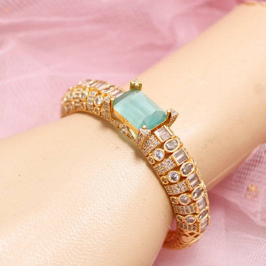 Turquoise Green Stone Openable Bracelet – Premium Gold Finish Kada