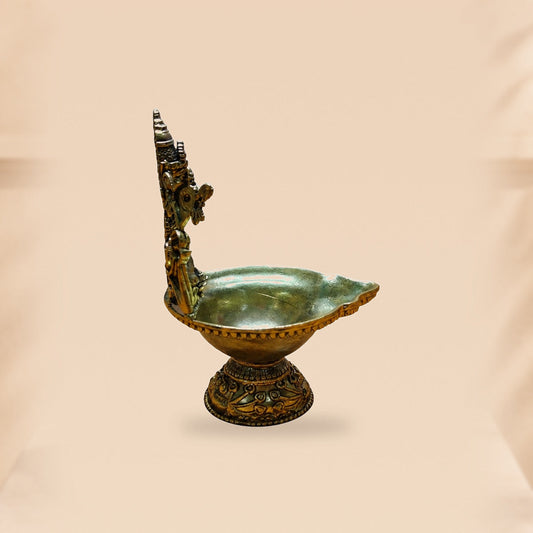 Venkateswara & Lakshmi Brass Diya Stand — side view on clean hero-derived studio background