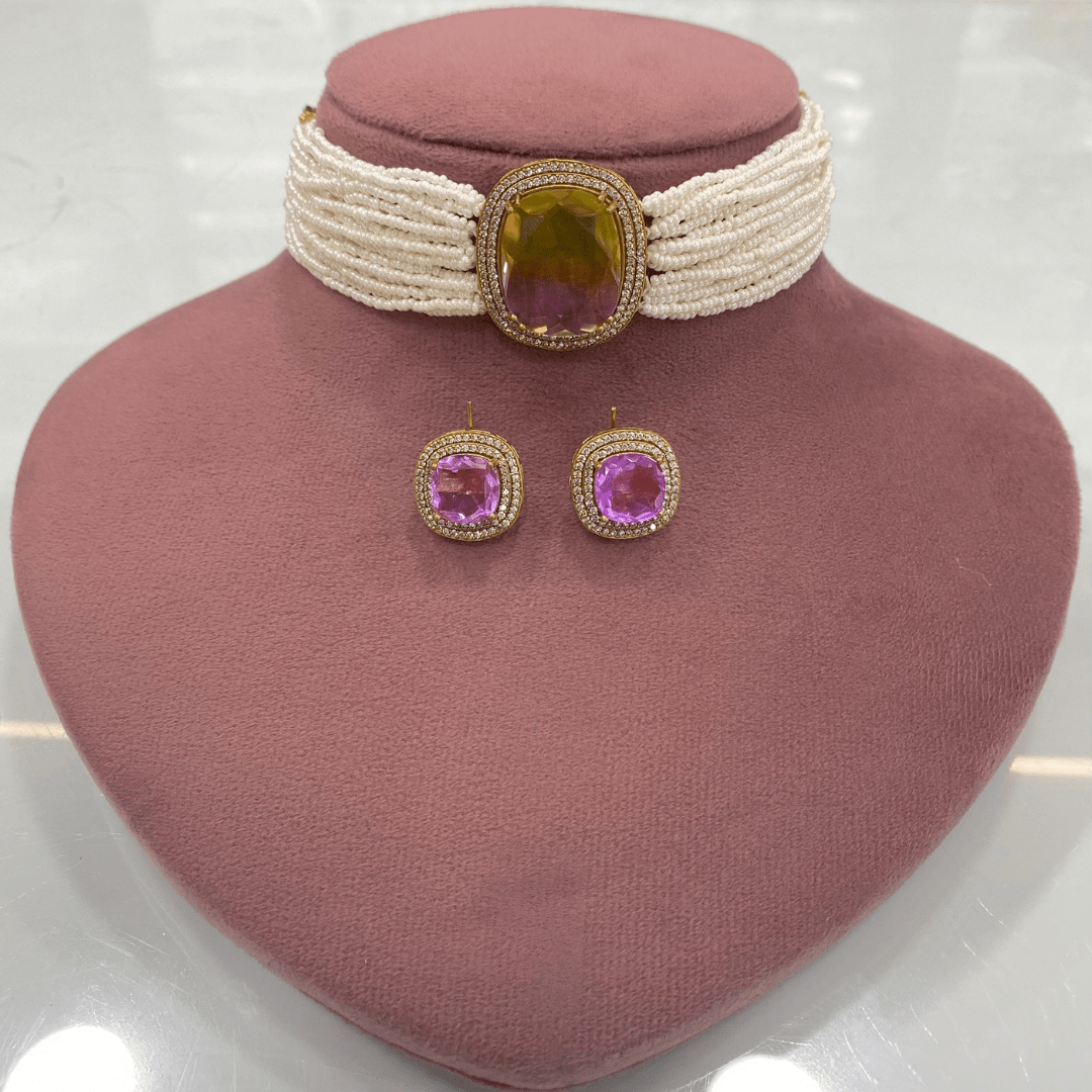 Victorian Radiance Choker Set – Dual - Tone Amethyst & Olive Gem with Moissanite Bord