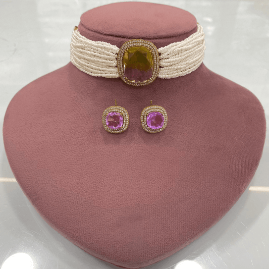 Victorian Radiance Choker Set – Dual - Tone Amethyst & Olive Gem with Moissanite Bord