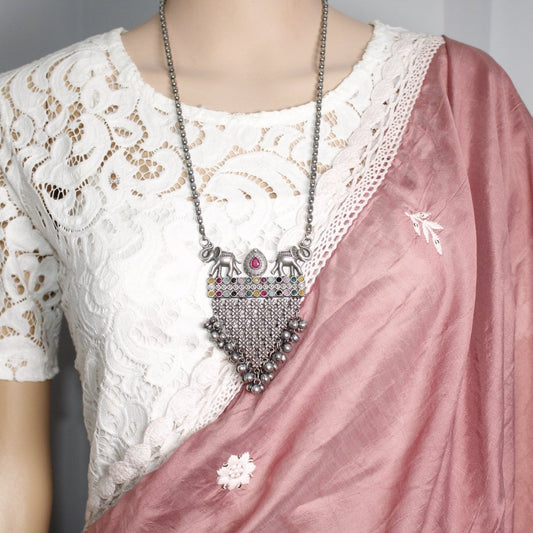 VINTAGE LOOK SILVER REPLICA ELEPHANT PAIR PENDANT - MULTICOLOUR