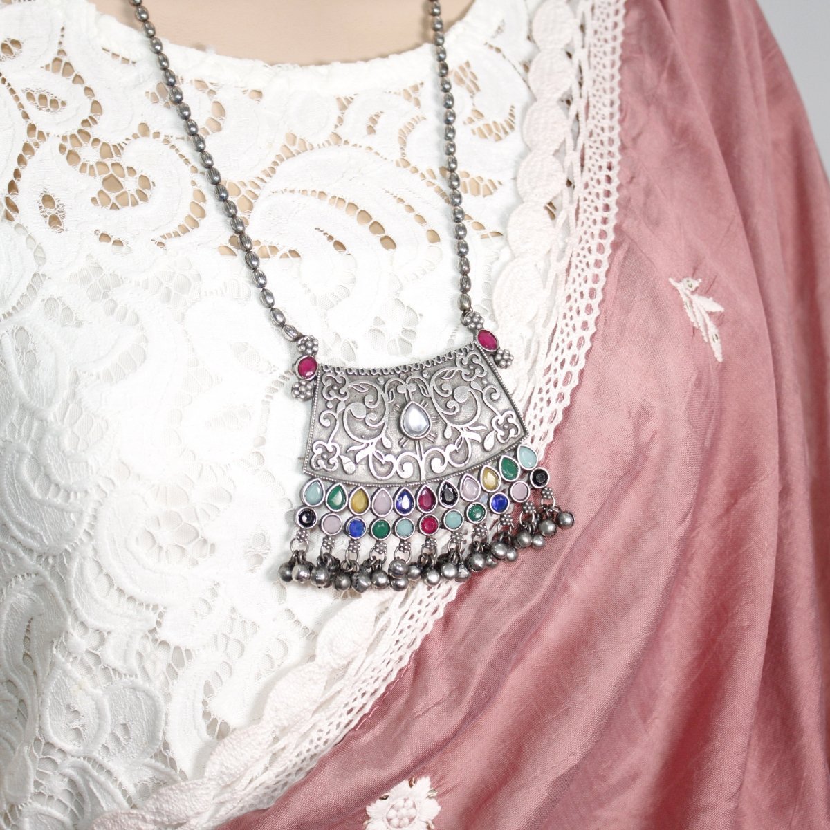 VINTAGE LOOK SILVER REPLICA RAJPUTANA PENDANT - MULTICOLOUR