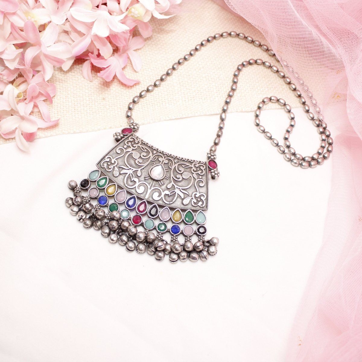 VINTAGE LOOK SILVER REPLICA RAJPUTANA PENDANT - MULTICOLOUR