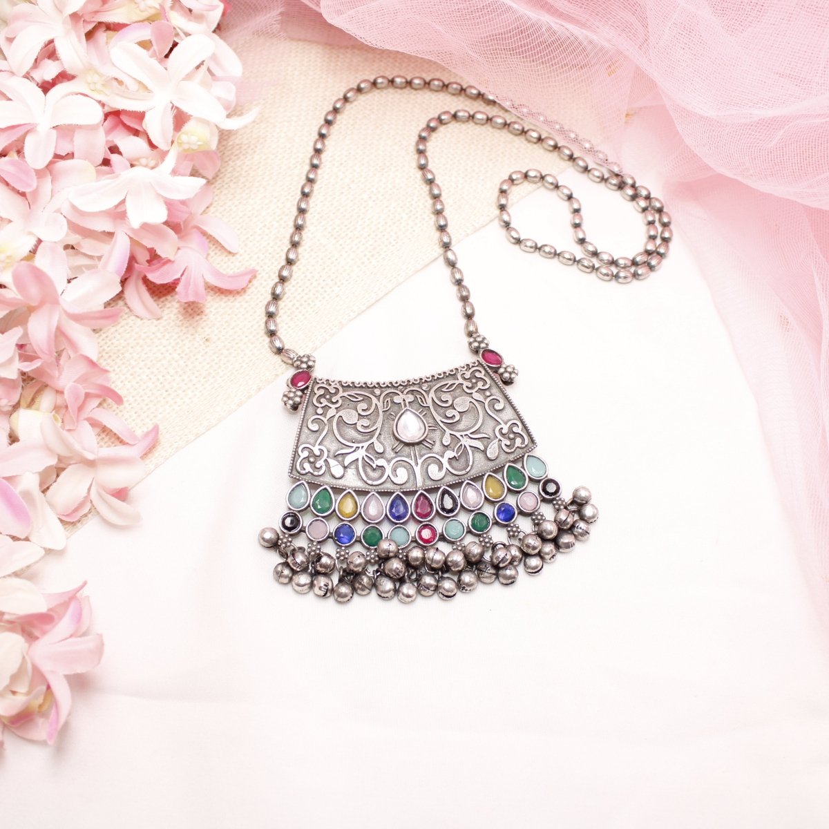 VINTAGE LOOK SILVER REPLICA RAJPUTANA PENDANT - MULTICOLOUR