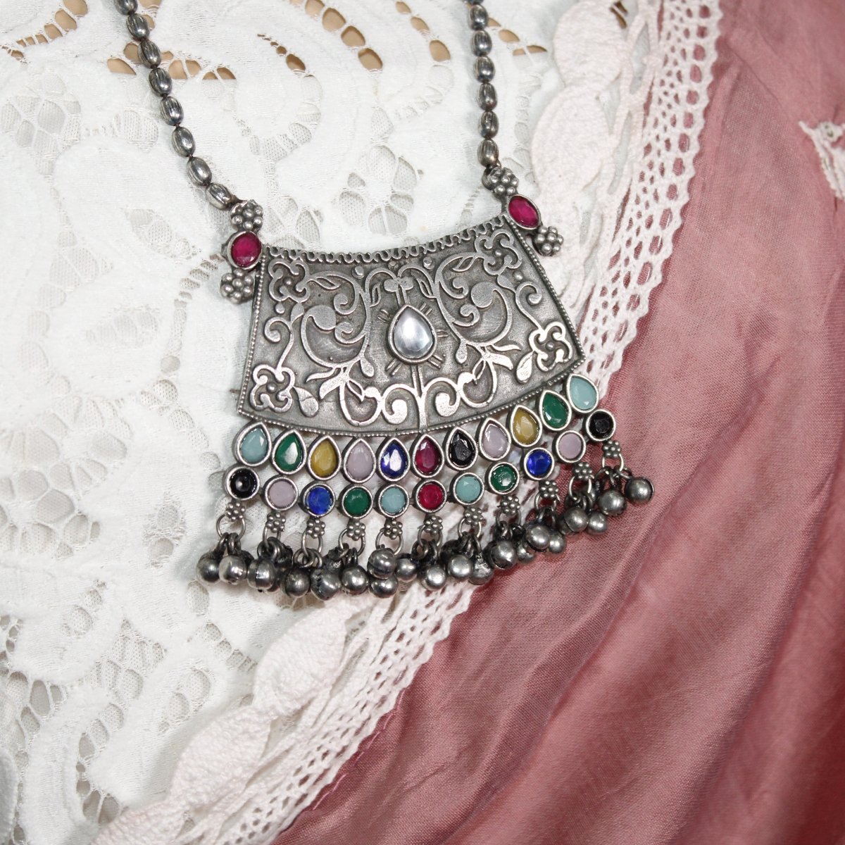 VINTAGE LOOK SILVER REPLICA RAJPUTANA PENDANT - MULTICOLOUR