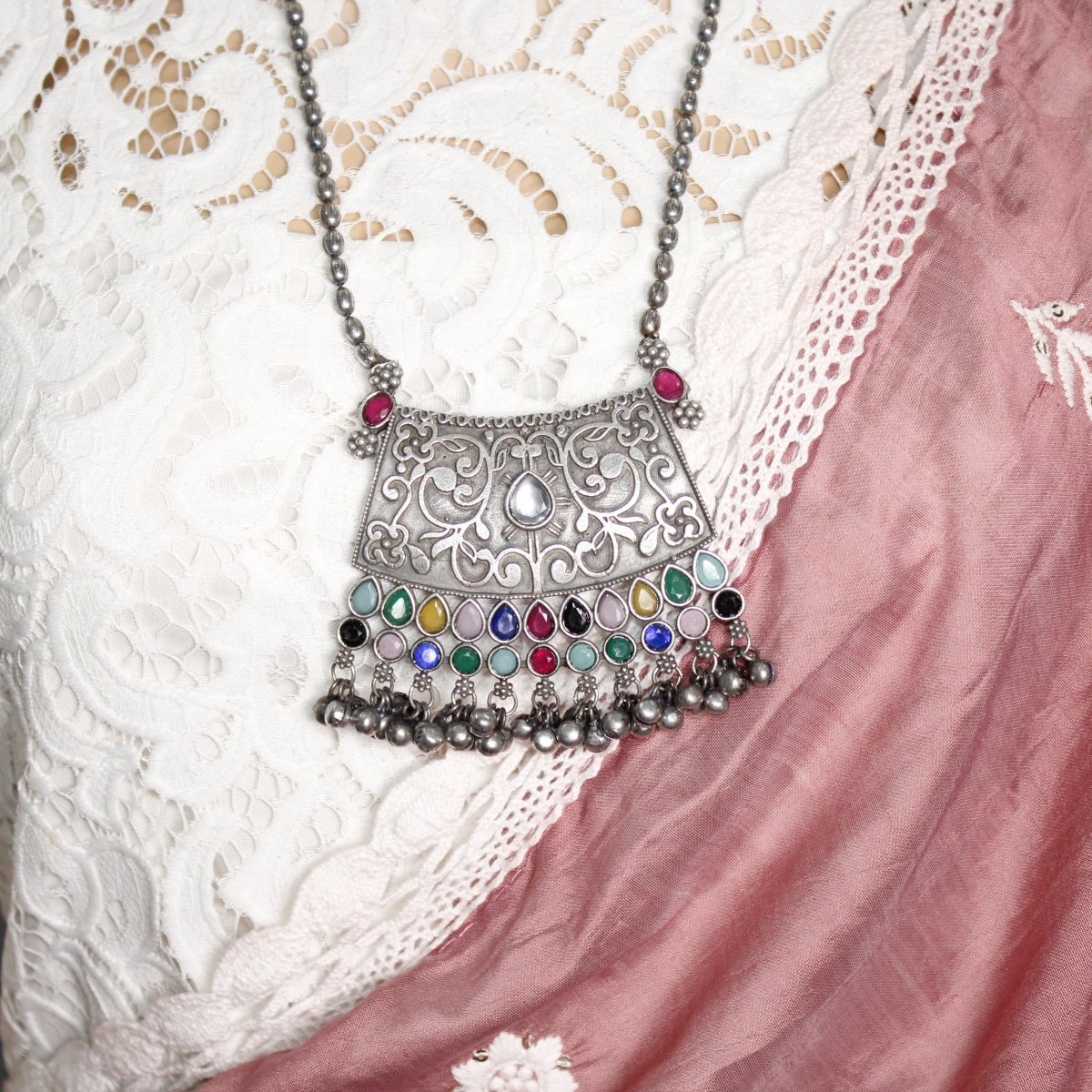 VINTAGE LOOK SILVER REPLICA RAJPUTANA PENDANT - MULTICOLOUR