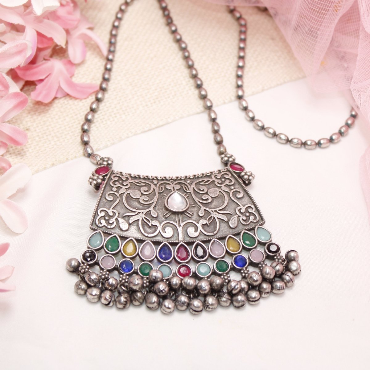 VINTAGE LOOK SILVER REPLICA RAJPUTANA PENDANT - MULTICOLOUR