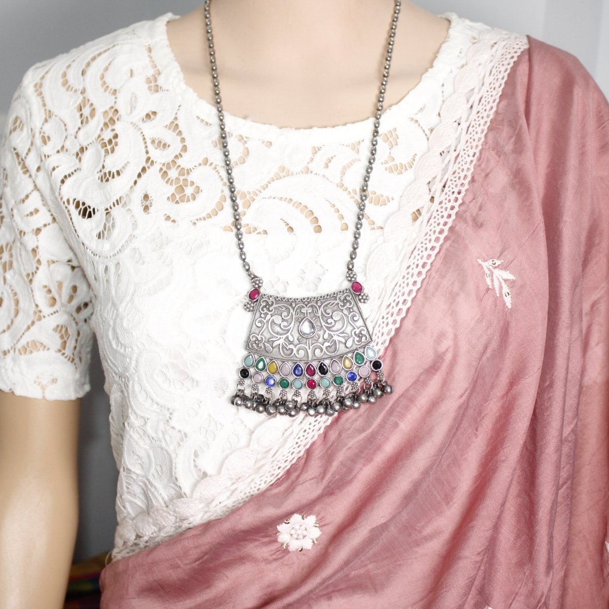 VINTAGE LOOK SILVER REPLICA RAJPUTANA PENDANT - MULTICOLOUR