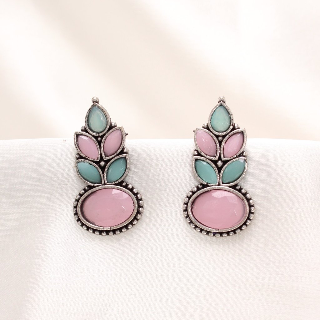 NAGINA LEAF STUD - SKY BLUE & PINK