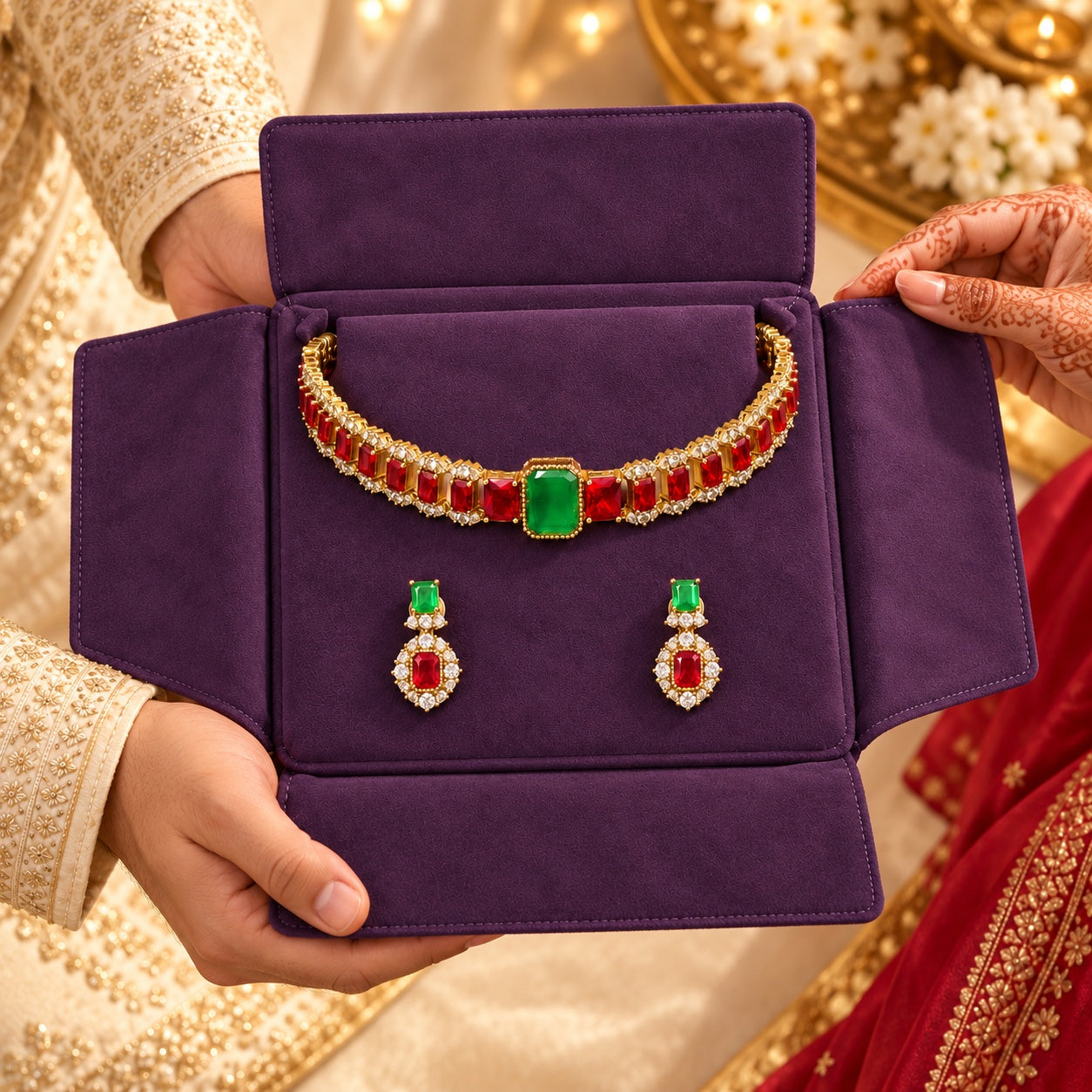 Navraee Karwa Chauth gifts featuring rectangular jewellery in ruby-red and green