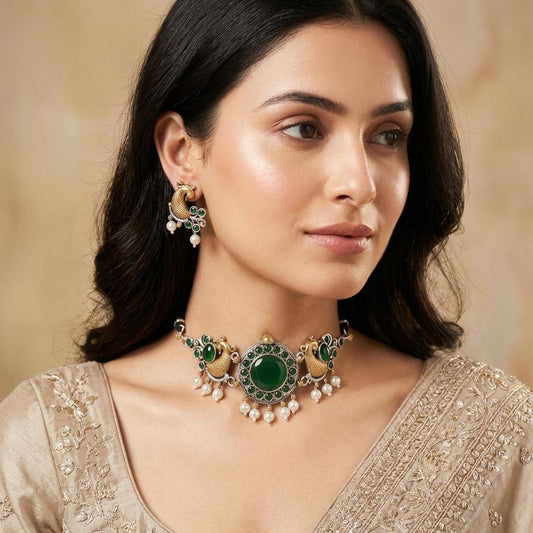 Green peacock choker necklace set styled on a model for Navraee guide