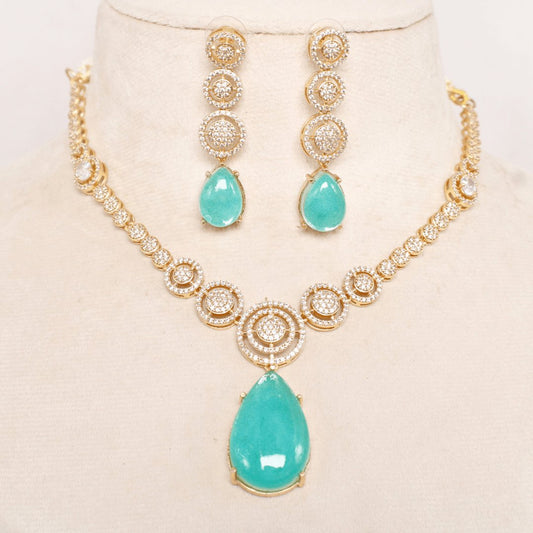 Aqua Green Stone & Ad Necklace Set Online | Gold Plated Party Wear Jewelry featured in Navraee jewellery styling guide