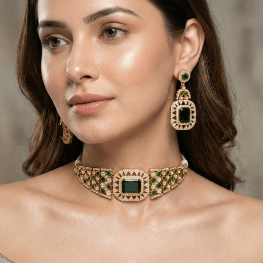 Emerald Noir Choker Necklace Set – Handcrafted Gold-Plated Bridal Jewellery featured in Navraee jewellery styling guide