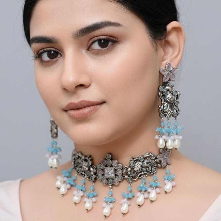 Mayura Necklace Set- Sky Blue featured in Navraee jewellery styling guide
