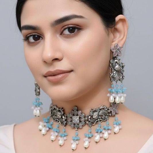 Mayura Necklace Set- Sky Blue featured in Navraee jewellery styling guide