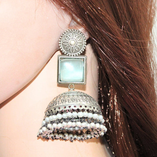 Sky blue Monalisa stone jhumka earrings for a face-shape styling guide