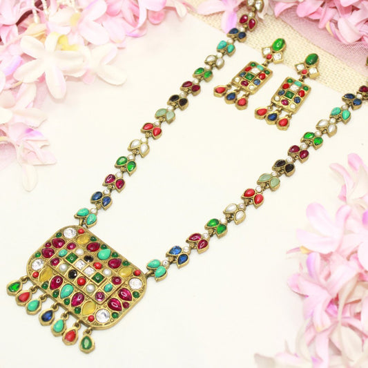 Navratna Antique Gold Polish Long Necklace featured in Navraee jewellery styling guide