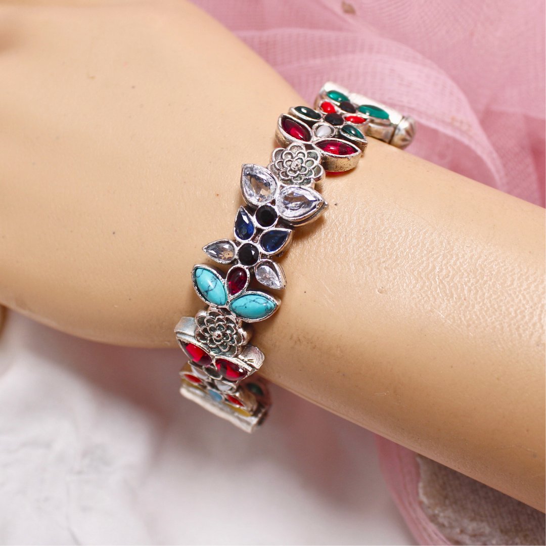 Oxidised Openable Kada With Multicolor Stones & Floral Motifs featured in Navraee jewellery styling guide