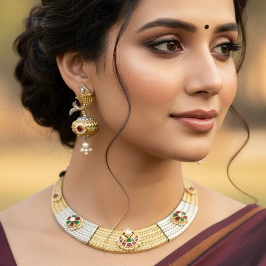 Paachi Kundan Dual-Tone Necklace featured in Navraee jewellery styling guide
