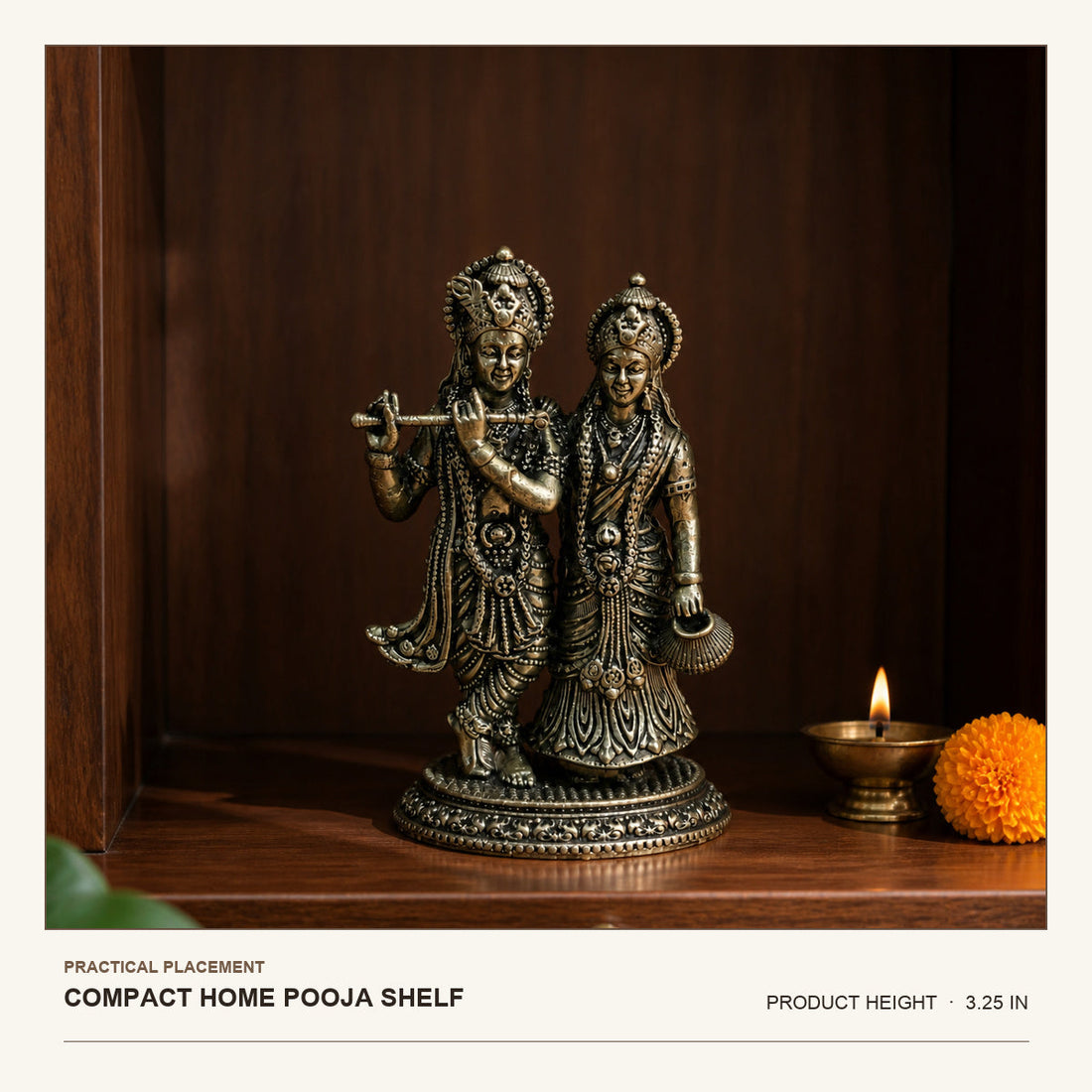 Radha Krishna brass idol shown on a compact home pooja shelf, 3.25 inches high
