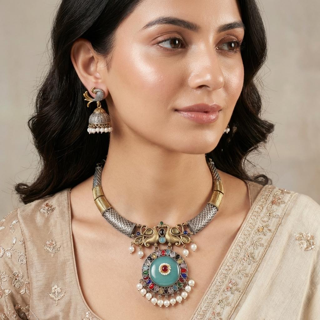 Short Necklace Sets - Antique Dual Tone Peacock Collar Necklace Set