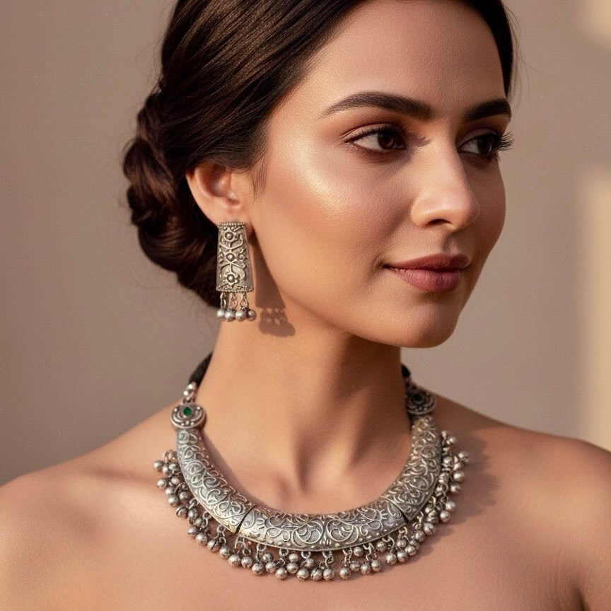 Hasli Necklace Sets - Boho Silver Replica Hasli Necklace in Green
