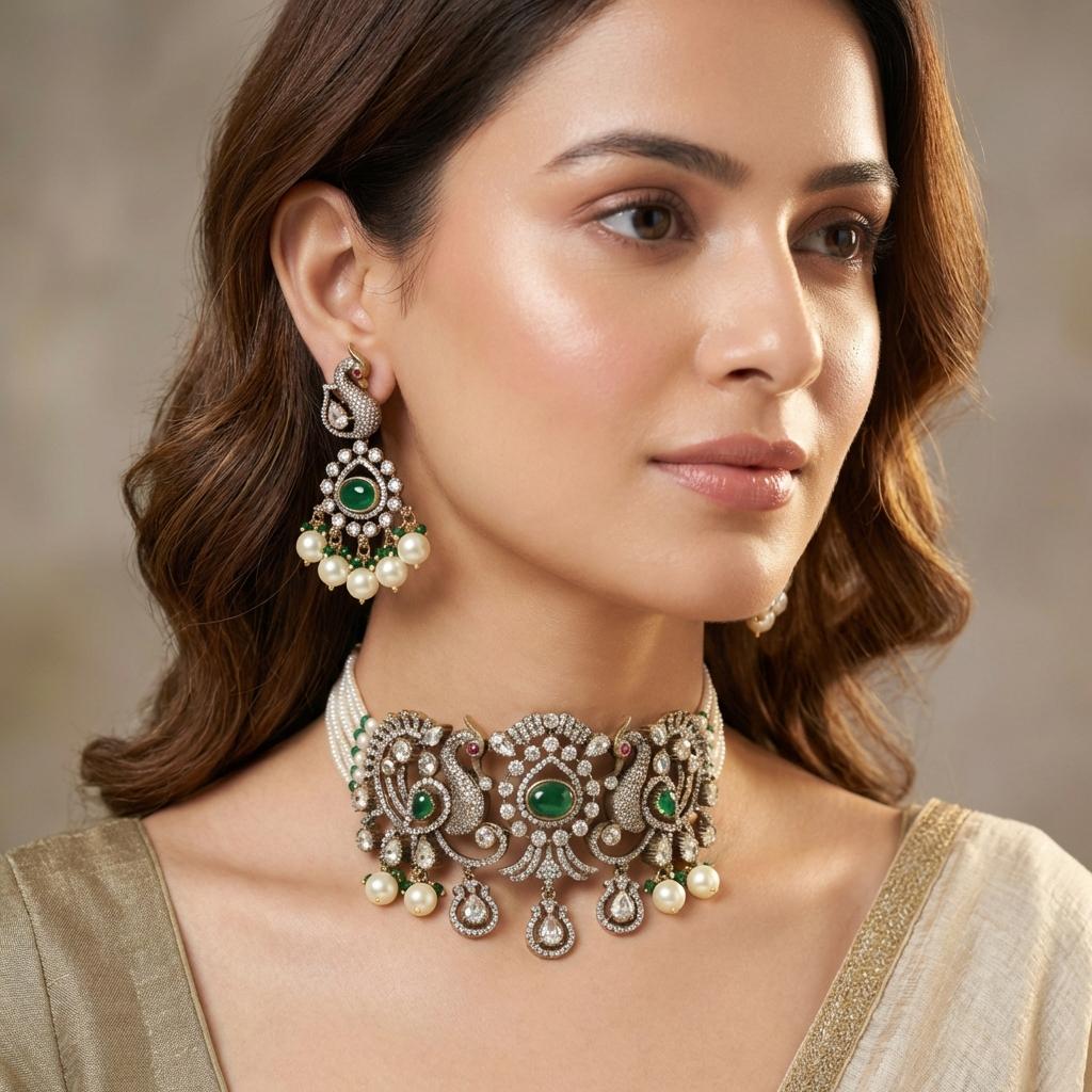 Premium Necklace Sets - Rajwadi Peacock Emerald and Pearl Choker Set