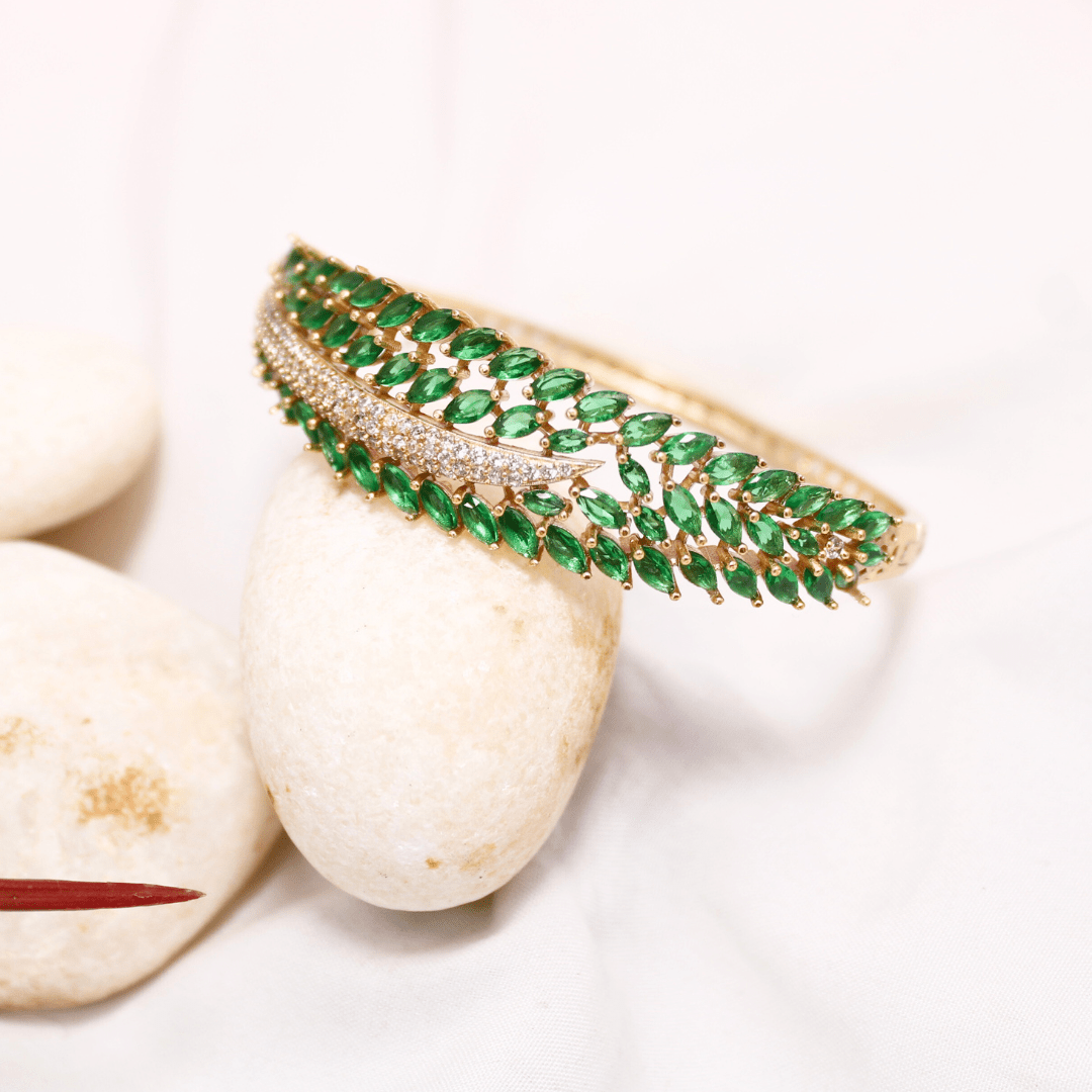 Green Jewellery - Emerald Green Leaf Design AD Openable Kada