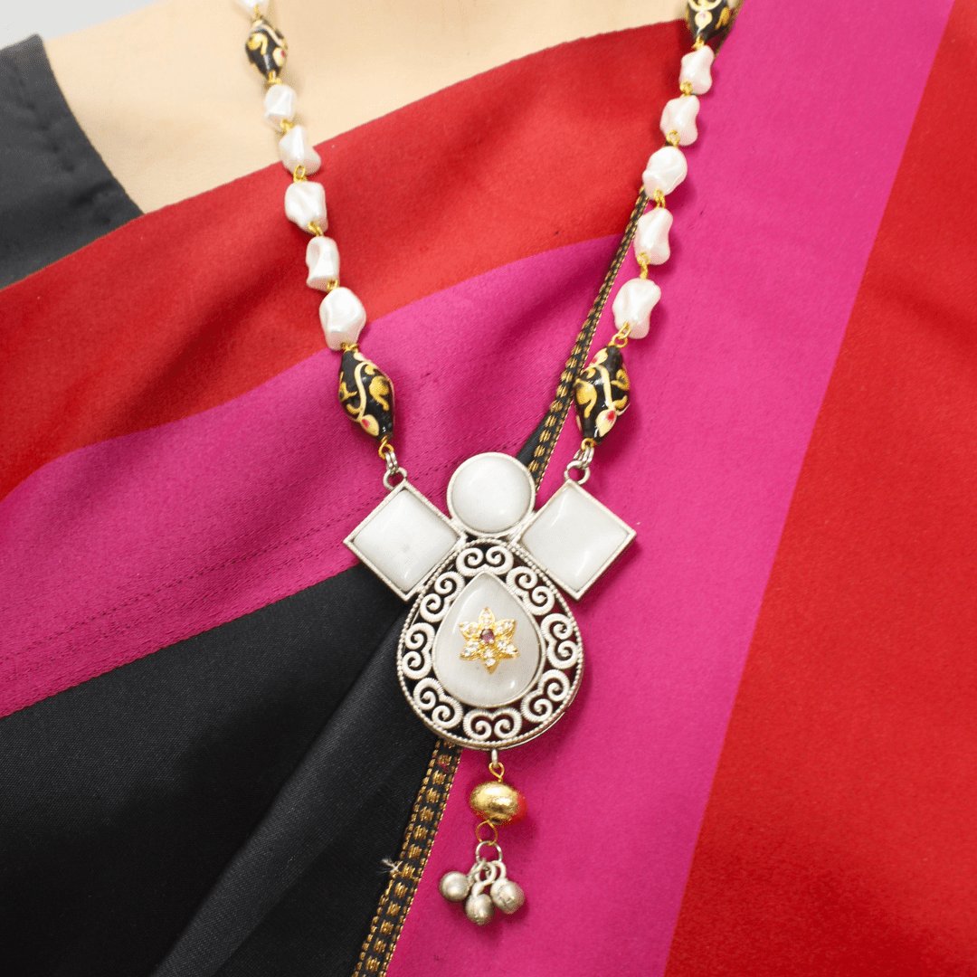 Pearl Jewellery - Meenakari Milky White Stone Pendant Set with Pearls