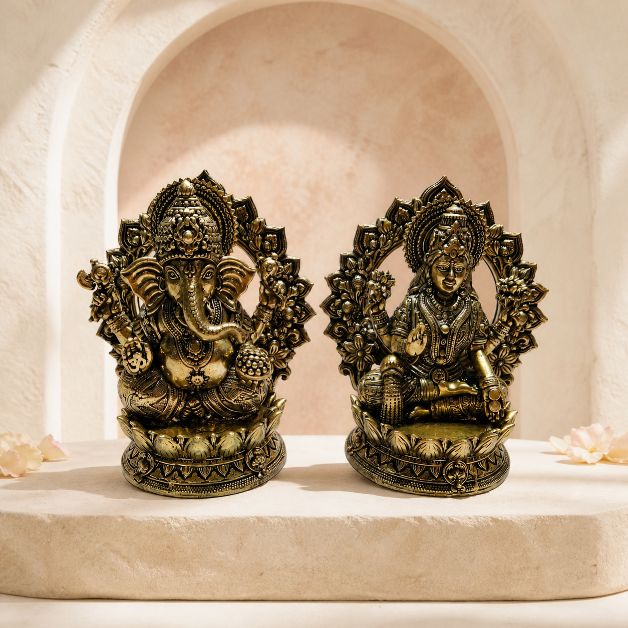 Navraee Lakshmi and Ganesha brass idols