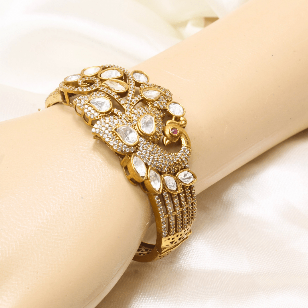Secondary Occasion Jewellery - Polki Moissanite Peacock Antique Golden Bracelet
