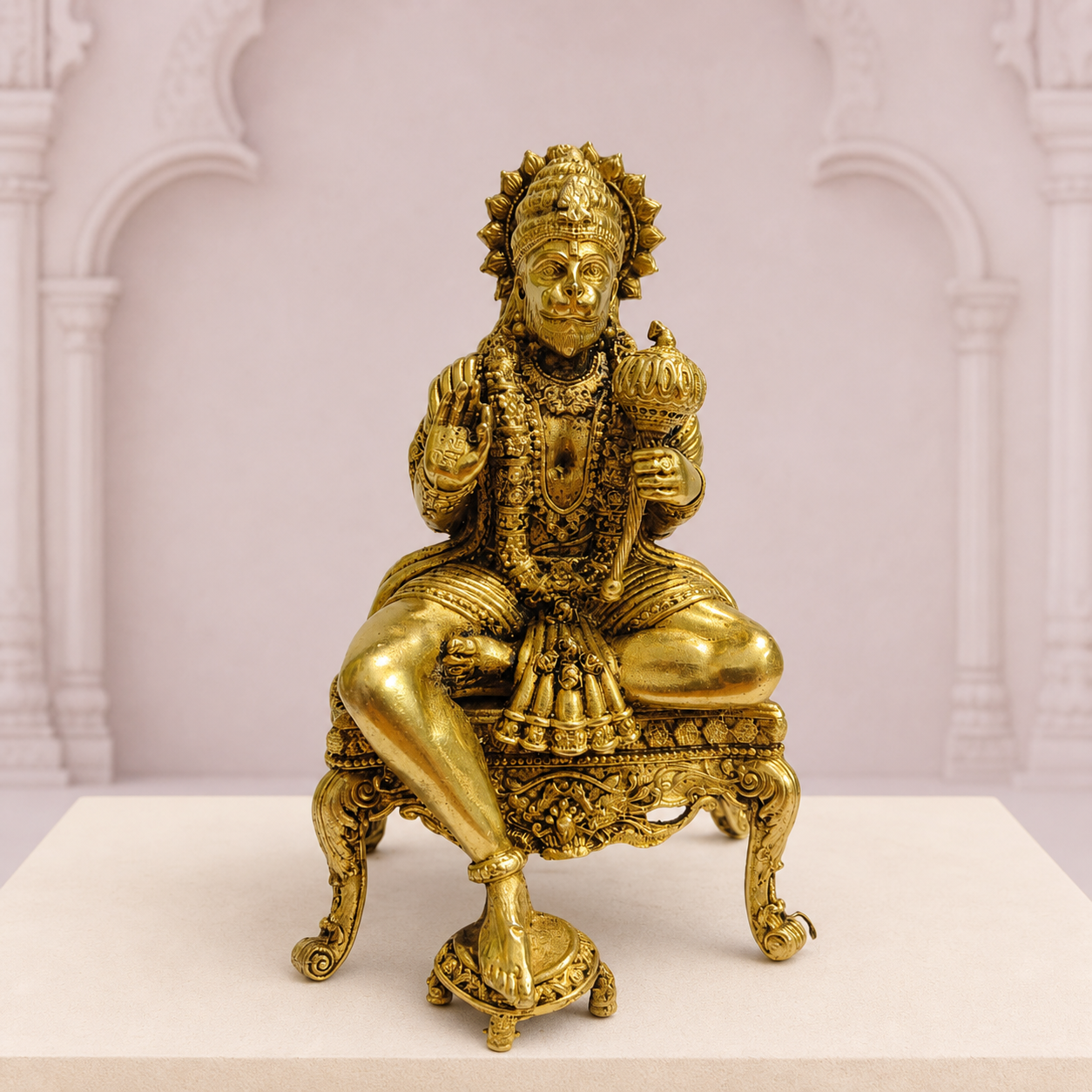 Hanuman on Ornate Throne Brass Idol — premium product hero