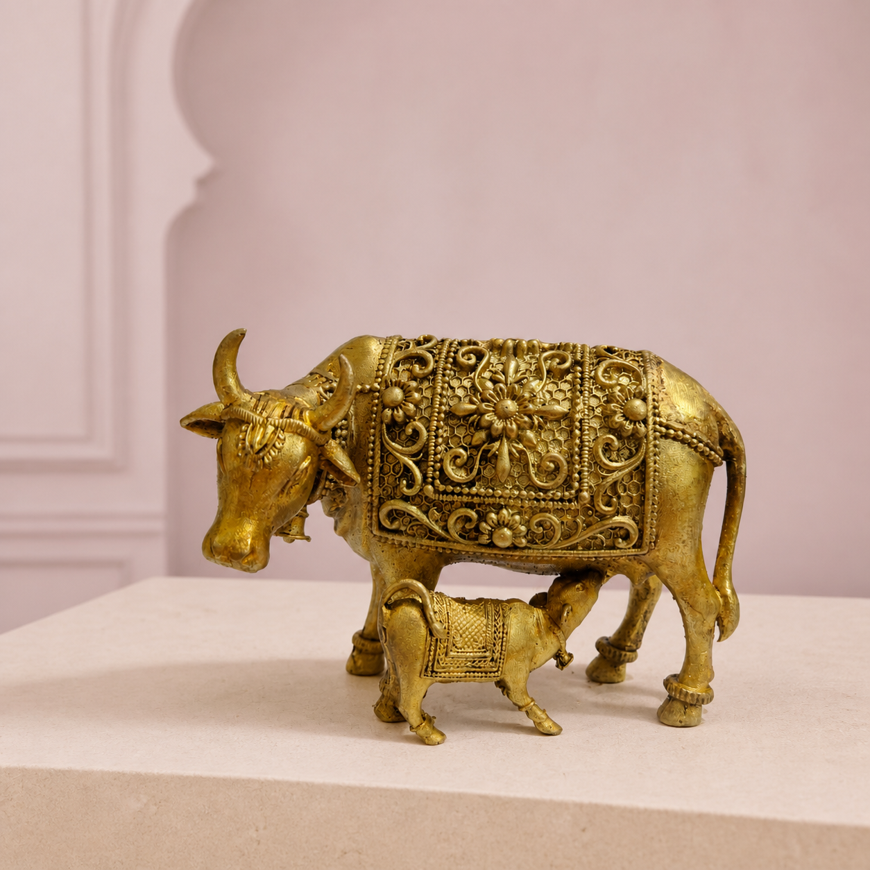 Kamdhenu Cow and Calf Brass Idol — premium product hero