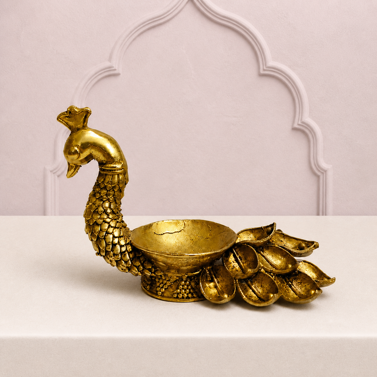 Peacock Lotus Tail Brass Diya — premium product hero