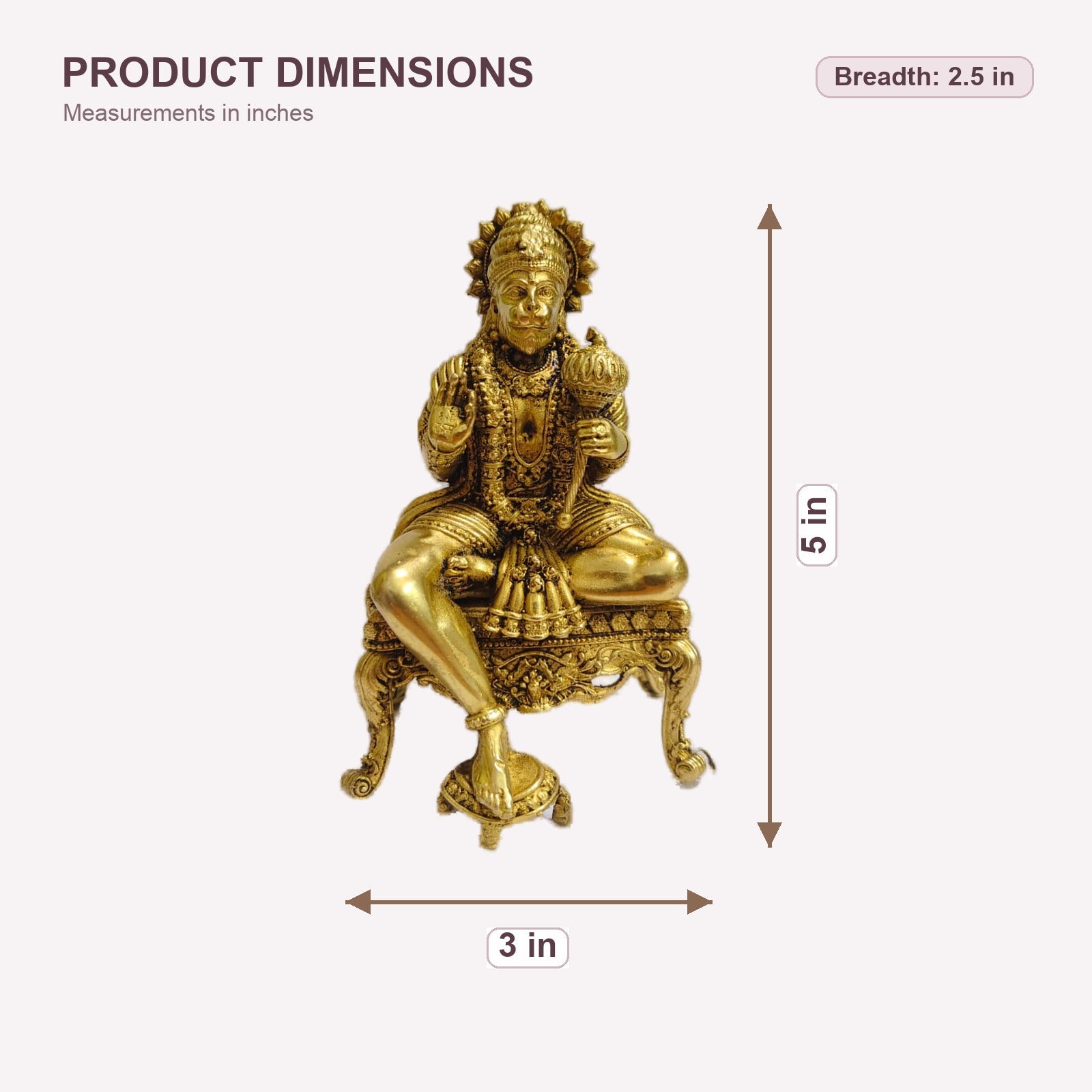Hanuman on Ornate Throne Brass Idol — dimensions