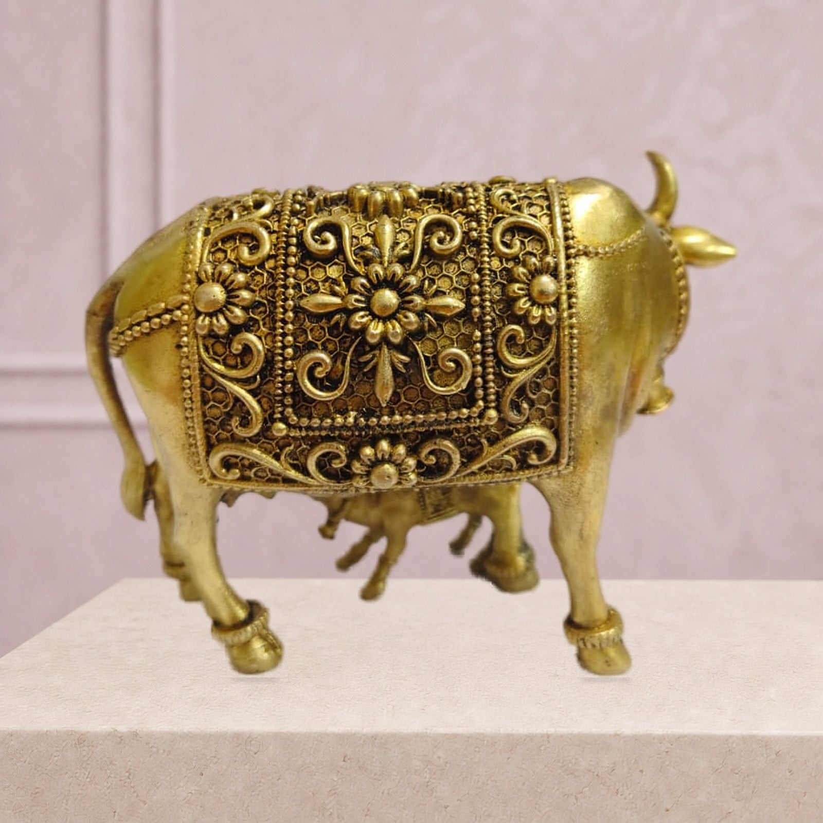 Kamdhenu Cow and Calf Brass Idol — finished side/alternate view