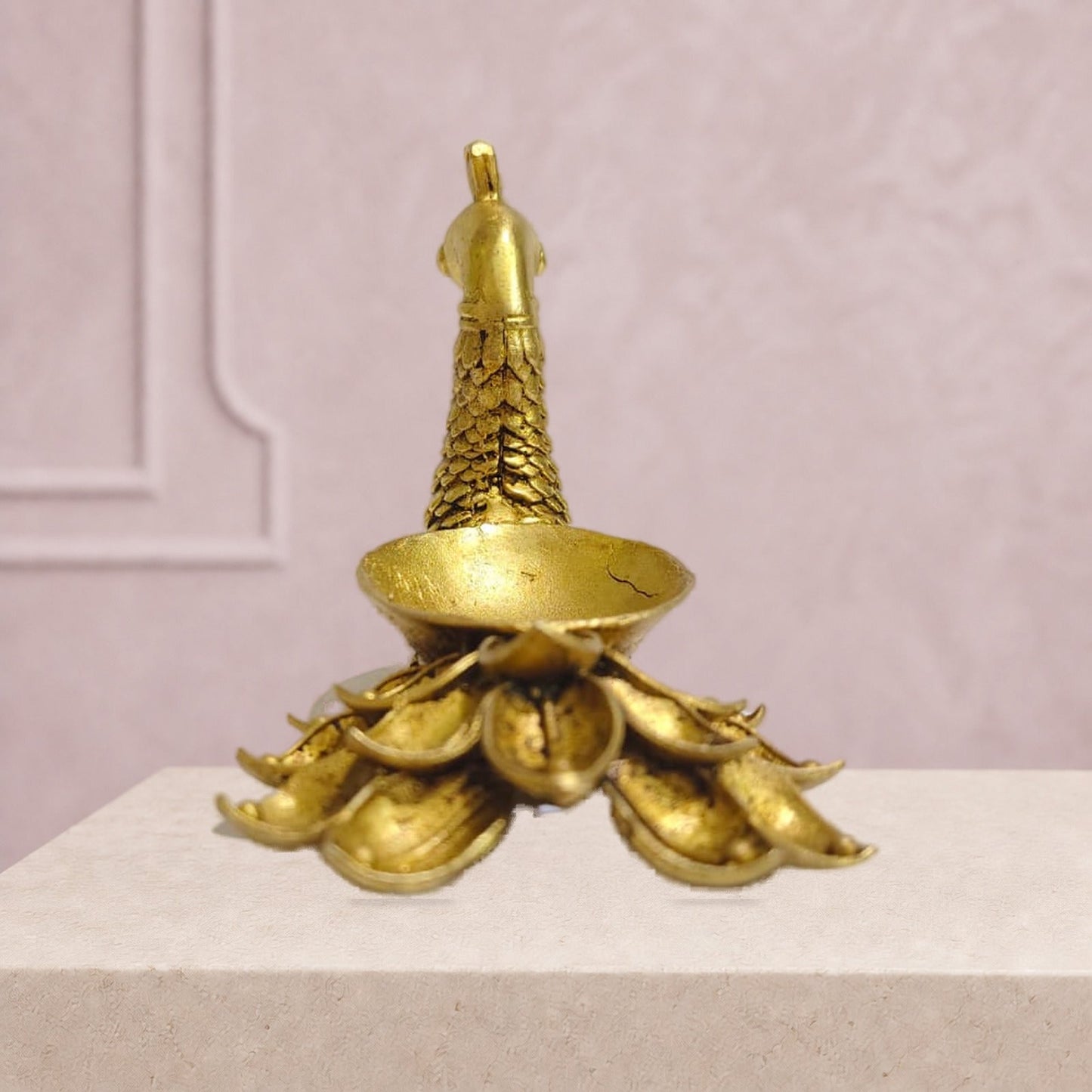 Peacock Lotus Tail Brass Diya — finished side/alternate view