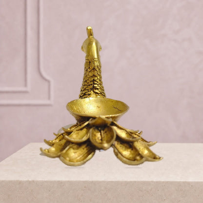Peacock Lotus Tail Brass Diya — finished side/alternate view