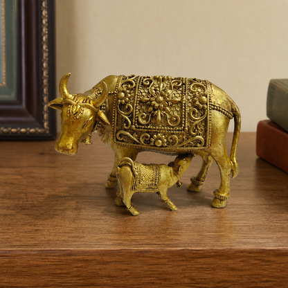 Kamdhenu Cow and Calf Brass Idol — realistic live placement