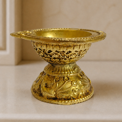 Mini Pedestal Brass Diya — realistic live placement