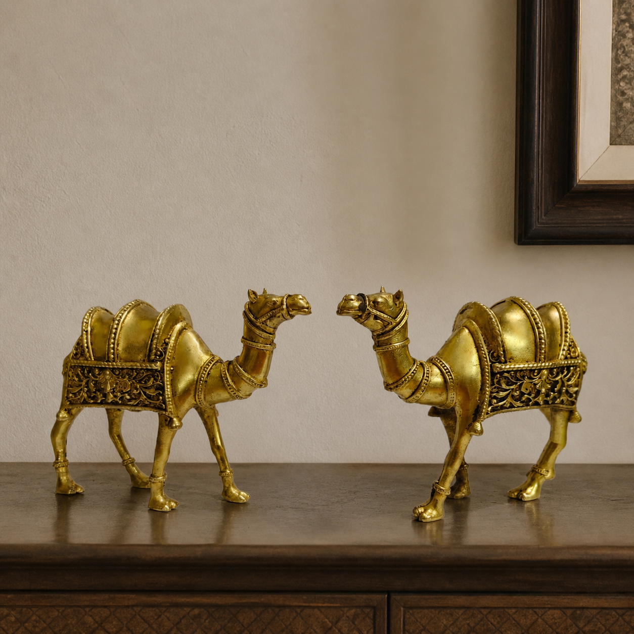 Ornate Brass Camel Pair — realistic live placement