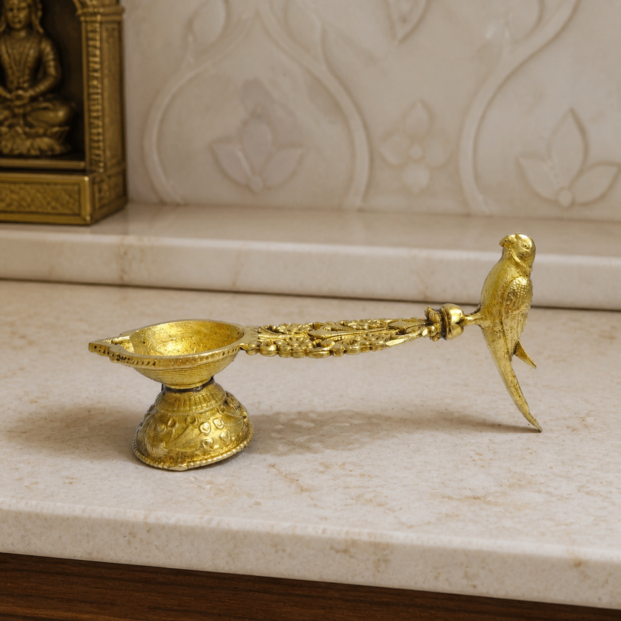 Peacock Handle Brass Diya — realistic live placement