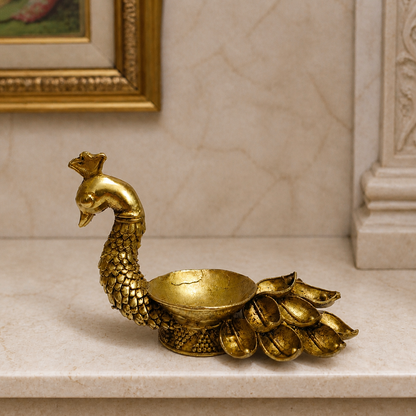 Peacock Lotus Tail Brass Diya — realistic live placement