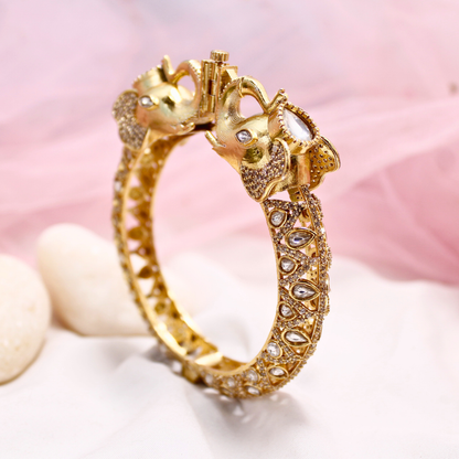 Rajwadi Transparent Stone Elephant Kada – Antique Gold Finish Statement Kada