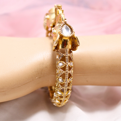 Rajwadi Transparent Stone Elephant Kada – Antique Gold Finish Statement Kada
