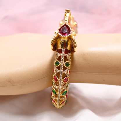 Rajwadi Emerald & Ruby Stone Elephant Kada – Antique Gold Finish Statement Kada