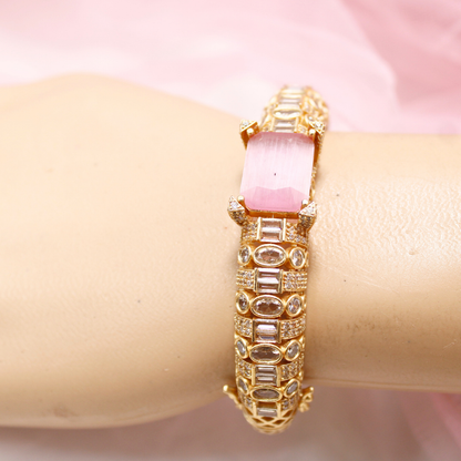 Pink Stone Openable Bracelet – Elegant Gold Finish Kada