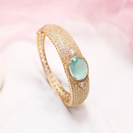 Oval Turquoise Green Stone Openable Bracelet – Premium Gold Kada