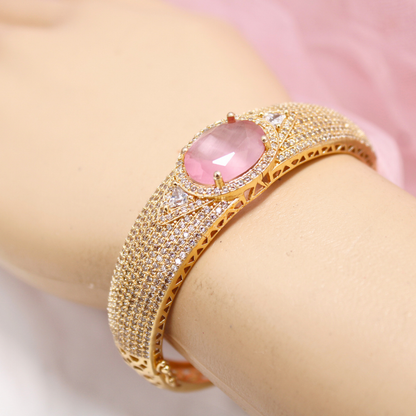 Oval Pink Stone Openable Bracelet – Elegant Gold Kada